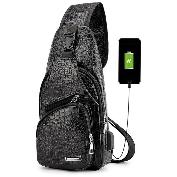 Leather Sling Bag Mens Crossbody Bag Chest Bag Sling Backpack , Leather/Black